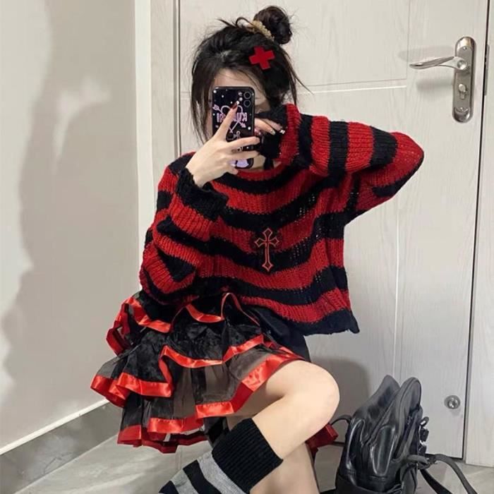 Pull pull gothique raye rose pour femme vetement ample tricote effiloche fee Grunge Streetwear Emo Lolita Red short E Blanc Cdiscount Pret a Porter