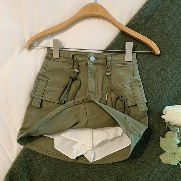 Jupe,Rimocy-Mini jupe taille haute avec cordon de serrage pour femme,  streetwear, grande poche, cargo, mode, courte- vert militaire Blanc -  Cdiscount Prêt-à-Porter