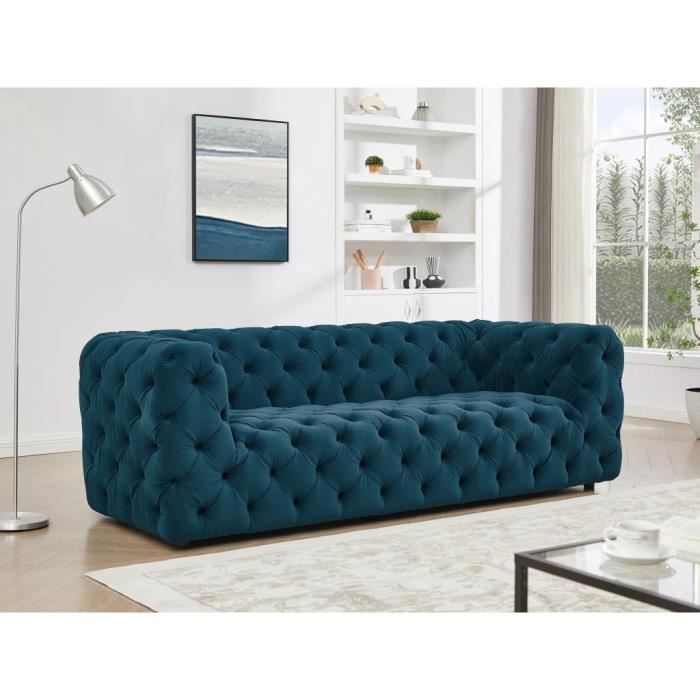 Canapé droit 3 places Bleu Velours Moderne Confort