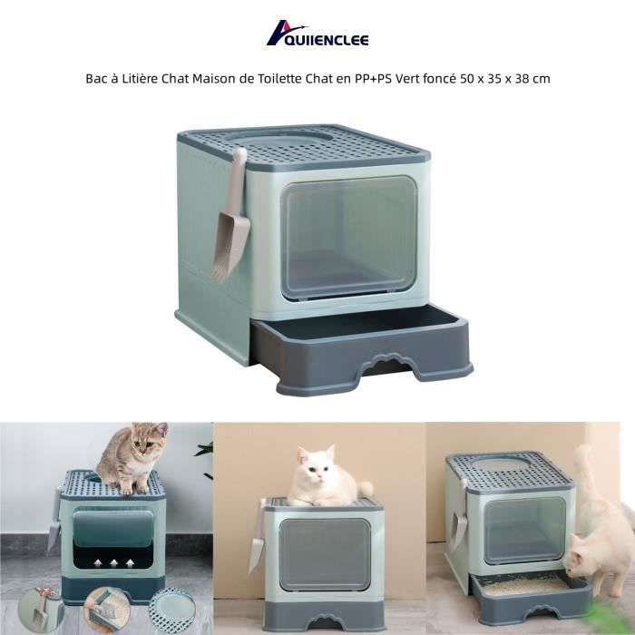 Meilleurs prix pour Bac à Litière Chat Maison de Toilette en PP+PS Vert foncé - QUIIENCLEE - Taille Moyen - Junior