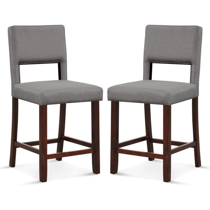 relax4life lot de 2 chaises rembourrés de bar avec dossier, tabouret haute en bois d’hévéa avec repose-pieds, charge 180kg, gris