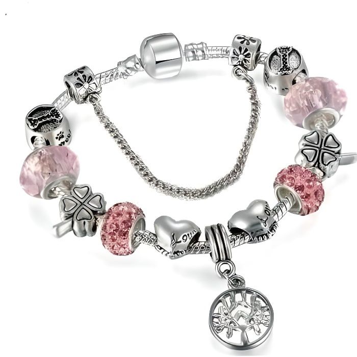 20 cm bracelet charm's arbre de vie cristal rose argent fin rhodié