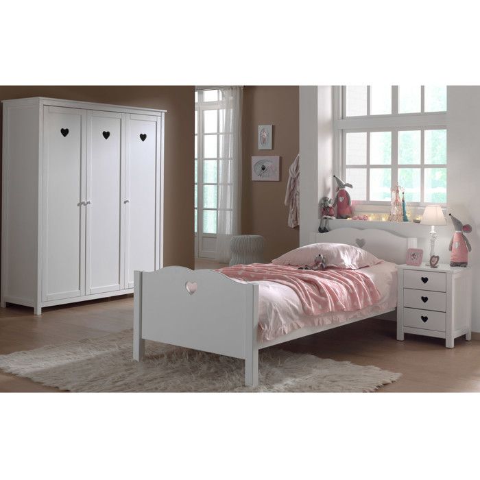 Ensemble lit 90x200 cm avec chevet et armoire 3 portes blanc - AMORENA