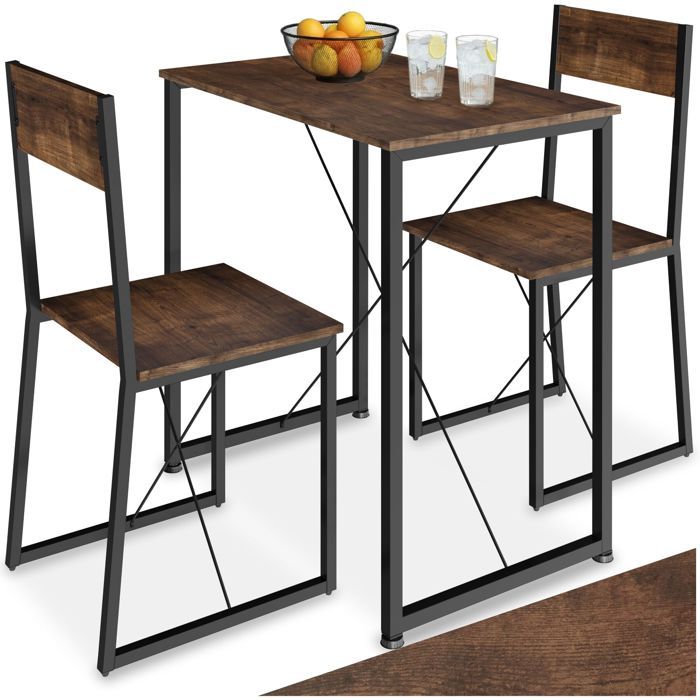 Ensemble table et chaises - TECTAKE - Ensemble de dîner MARGATE style industriel 2 chaises et 1 table bois et acier - Bois foncé