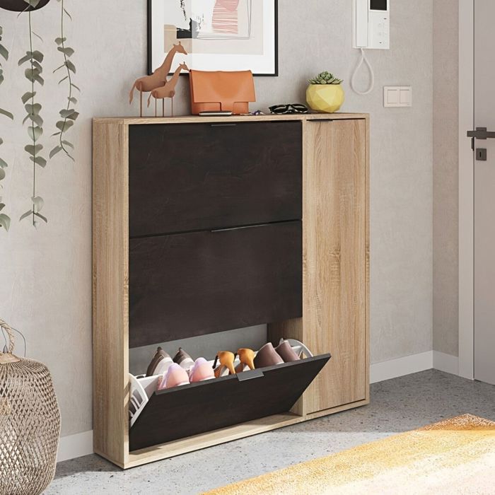Meuble à chaussures avec 4 portes - Bois foncé et chêne - Terre de Nuit Meuble à chaussures avec 4 portes - Bois foncé et chêne - Terre de Nuit