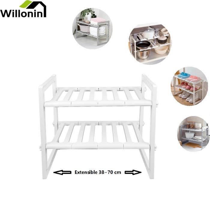 willonin® etagère sous évier extensible 38 - 70cm, blanc organisateur rangement de cuisine à 2 couches pour placard cuisine comptoir