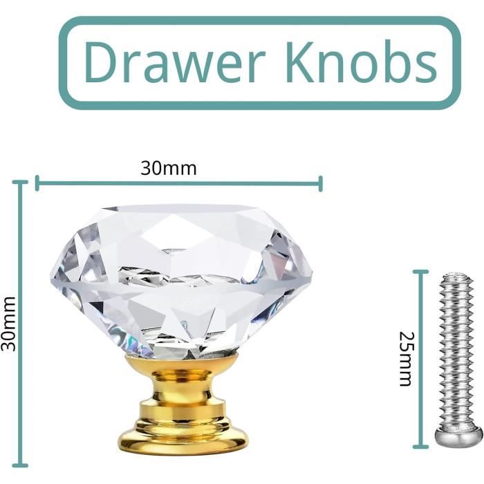 10 Boutons De Meuble Cristal Transparent - Poignées Tiroir Zinc Poli - Lot
