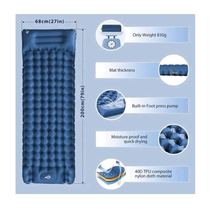 Matelas Autogonflant 10 Cm – Compact, Pliable, épissable, Gonflage Pied, Anti-crevaison – Pour Camping, Rando, Plage