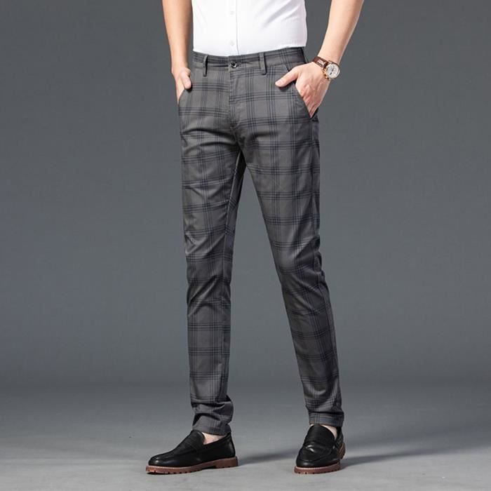 NHNKB Pantalons pour hommes mode hommes pantalons décontractés avec imprimé  à carreaux dessin taille élastique pantalon long pantalon homme chic, gris,  M : : Mode