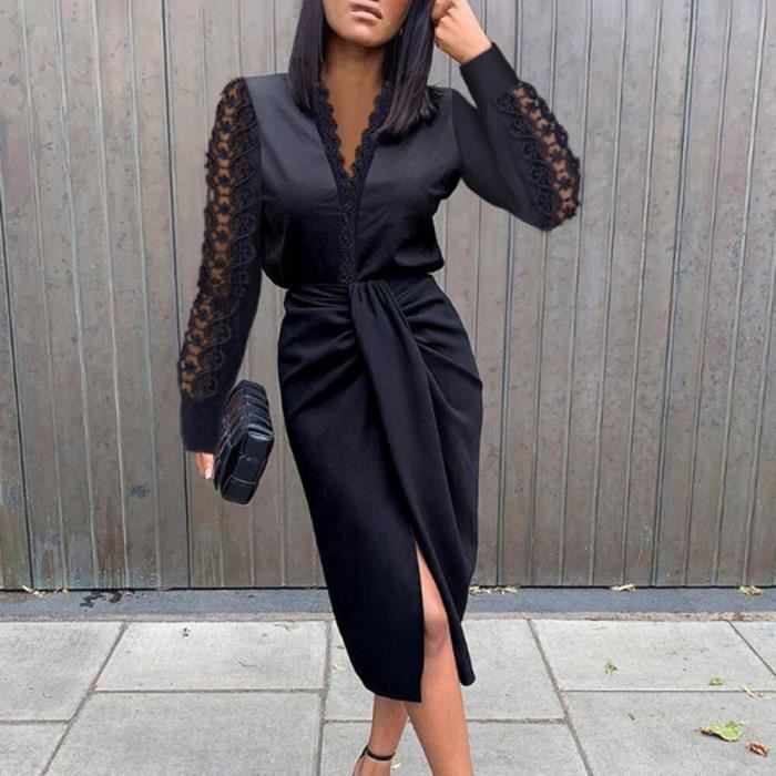 Robe,Robe de soirée mi-longue à manches longues pour femmes, tenue