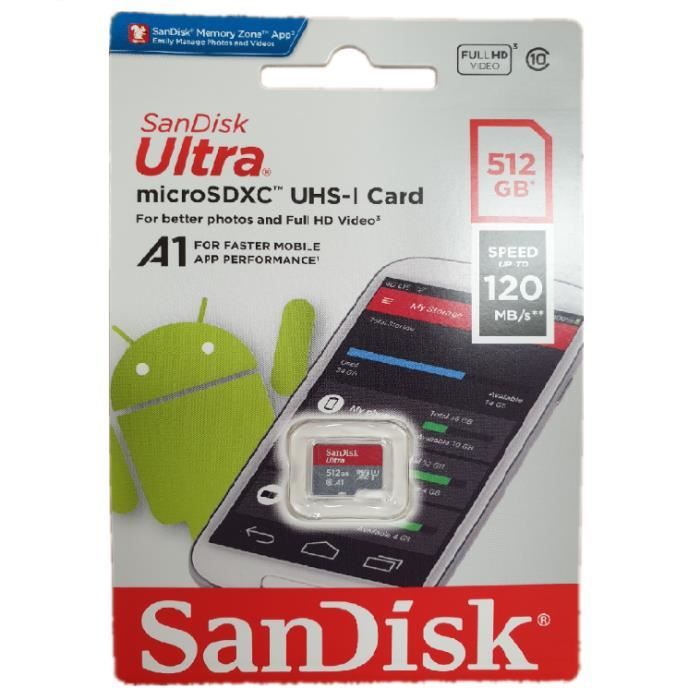 Sandisk ultra 512 Go Micro SD carte mémoire micro SDXC Class 10 UHS-I  120Mb/s - Cdiscount Appareil Photo