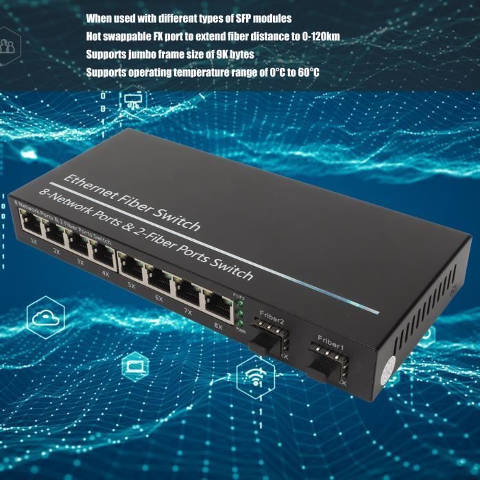 Tbest Switch Ethernet à fibre optique 2 ports optiques 8 ports électriques  jusqu'à 120 km RJ45 Plug and Play SFP Switch média fibre - Cdiscount  Informatique