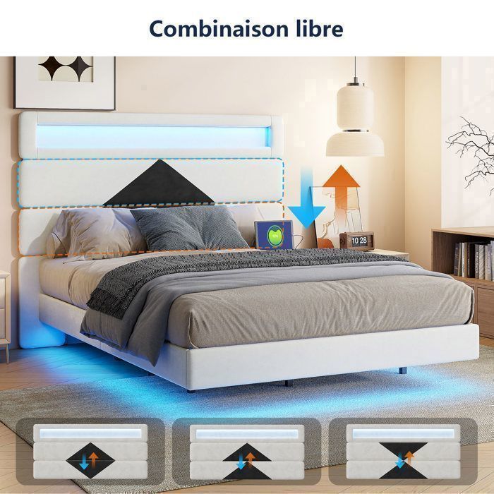 Lit double CAMPER 140x190cm, blanc et chêne blanchi