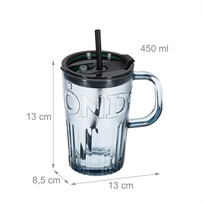 Relaxdays Jarre avec Paille, Couvercle et Anse, lot Pratique de 2, Volume : 450 ML, pour Votre Smoothie, Transparente Relaxdays Jarre avec Paille, Couvercle et Anse, lot Pratique de 2, Volume : 450 ML, pour Votre Smoothie, Transparente