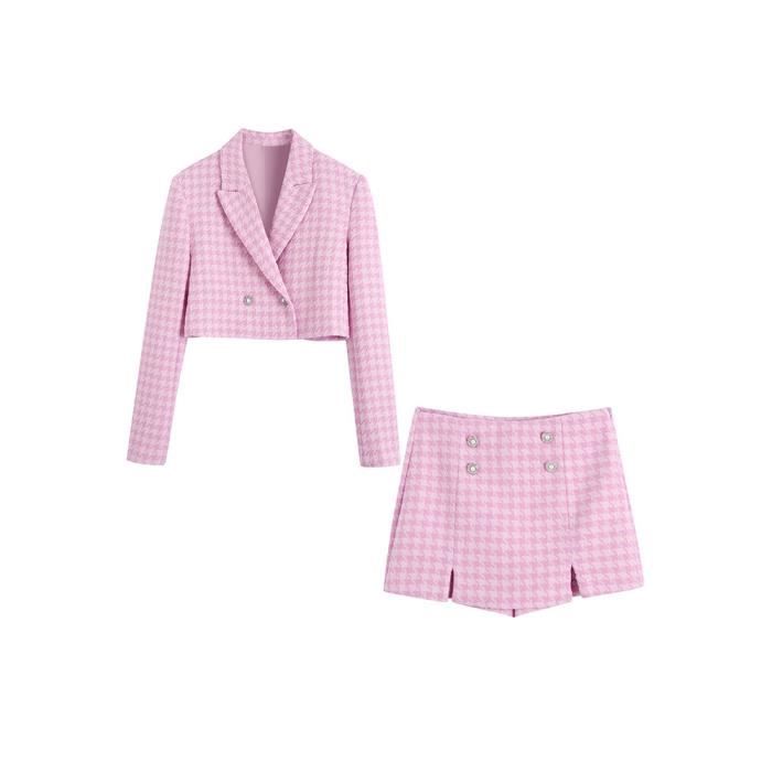 Blazer court pied de poule et jupe culotte taille haute pour femme ensemble elegant en tweed piece boutonnee Blazer and Skort Blanc Cdiscount Pret a Porter