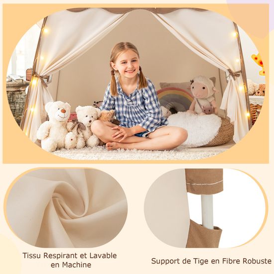 GOPLUS - Tente De Jeu Triangulaire Pour Enfants - 137x145x121cm - Avec Fenêtre Et Guirlande - Beige
