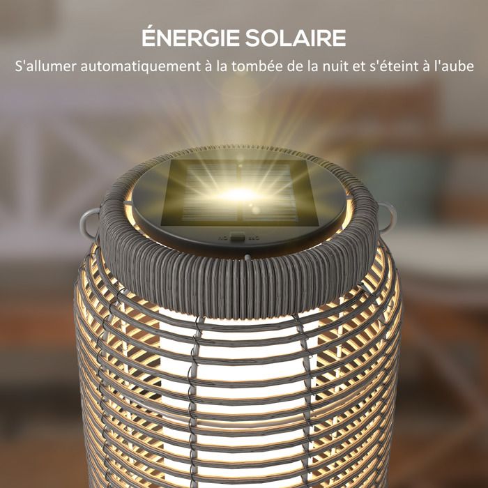 Outsunny Lampadaire Solaire Extérieur Résine Tressée 46 Cm - Lampe LED Sans Fil Pour Jardin Et Patio