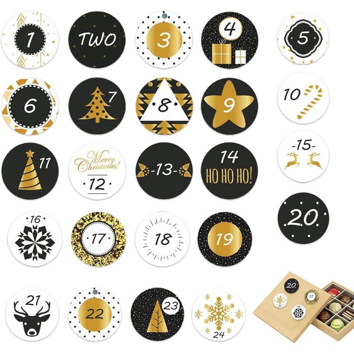 Autocollants Numéros De L'Avent De Noël - 24 Stickers Ronds (1 à 24), Motifs Festifs, Pour Fenêtres, Calendriers, Cadeaux