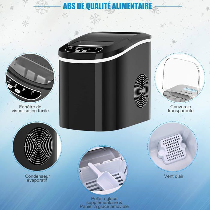 Machine à Glaçons Kicinn 12 Kg/24h - Fonction Autonettoyante, Bac Et Pelle Inclus - Design Compact Noir Pour Maison/Bureau