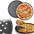 Plaque à pizza ronde de 32 cm en acier carbone avec trous pour pizza et tartes flambéesperforée et antiadhésive Polyvalente D [417]-0