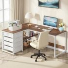 BRAND TOPESCT Bureau d'angle réversible en forme de L avec 4 tiroirs et 2 étagères pour Bureau, 155 x 110 x 75 cm,Noyer et blanc