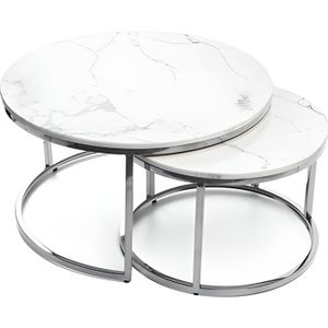 TABLE BASSE Lot de 2 tables basses Gigogne ARTO Inox verre effet Marbre Blanc