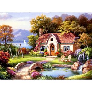 PUZZLE Puzzle 1500 pièces : Cottage avec petit pont en pi
