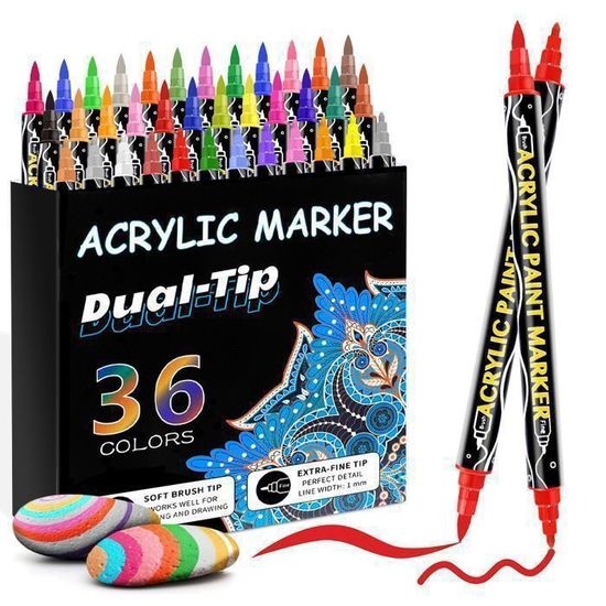 NICETY 60 Couleurs Feutres Acryliques Double Pointe – Marqueurs Peinture Fine & Pinceau Pour Toile, Bois, Verre, Pierre