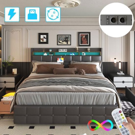 Lit Double 140x190 Avec Rangement Et LED RGB - Tiroirs Et Coffre à Gaz - Ports USB - Tête De Lit Rembourrée - Noir - 2