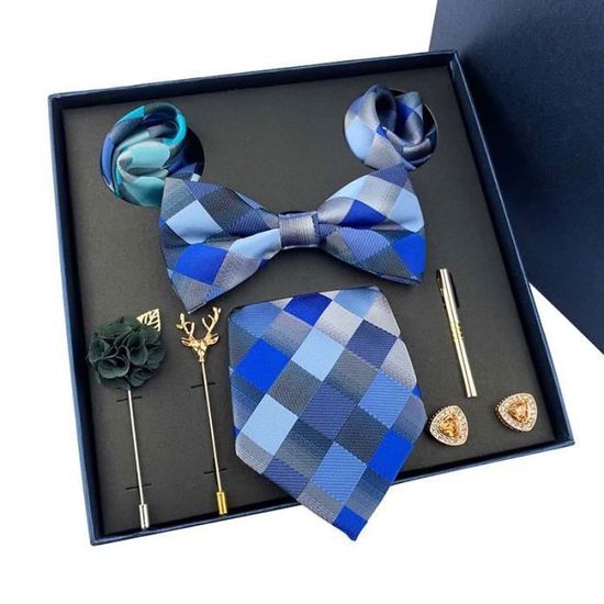 Ensemble Cadeau De Mariage Homme - Cravate Bleu Foncé à Pois, Nœud Papillon Et Pochette - Soie Et Polyester - Neuf