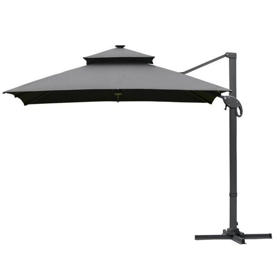 Parasol déporté rectangulaire LED - OUTSUNNY - 300x300x266cm - Aluminium - Inclinable pivotant - Polyester gris