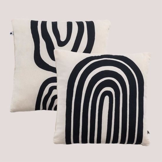 Lot De 2 Housses De Coussin Lin 40x40 Cm - Motif Pois Noir Et Crème - Déco Bohème Canapé