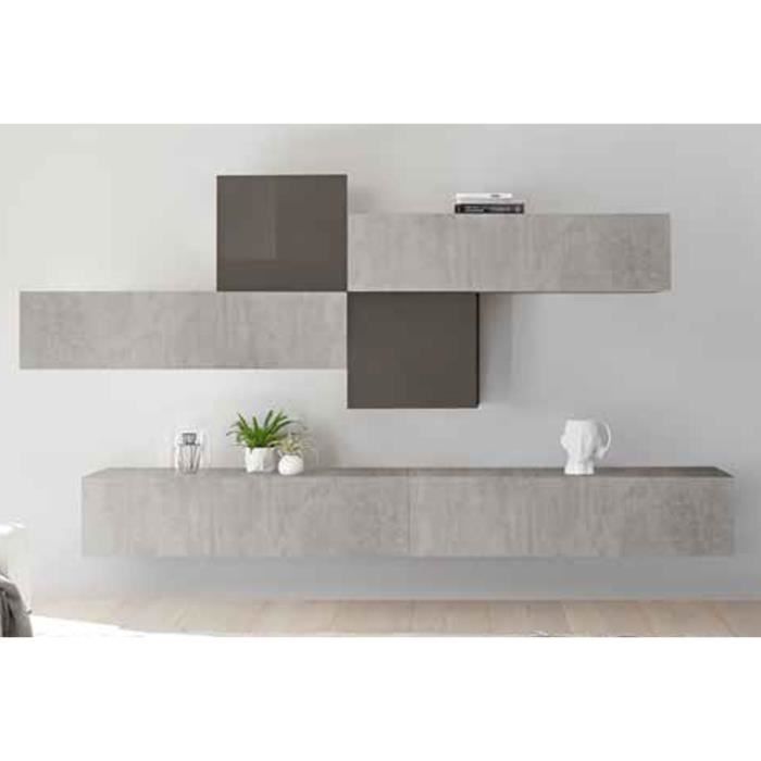 LUDOVICA 48 LAQUE GRIS ET BETON ENSEMBLE COMPOSITION MURALE MEUBLE TV TENDANCE