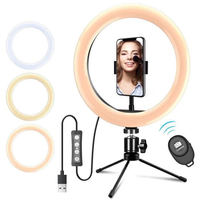 LED Ring Light Lampe selfie 10 Pouces LED Anneau Lumière avec Trépied, 3 Couleur Modes et 10 Luminosité pour Youtube Video Direct