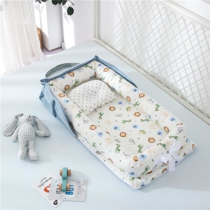 Lit Bébé Portable en Coton Reducteur de lit Pliable Nid pour nouveau-né nourrisson de voyage Lavable Berceau 0-2 Ans, Animaux Bleu