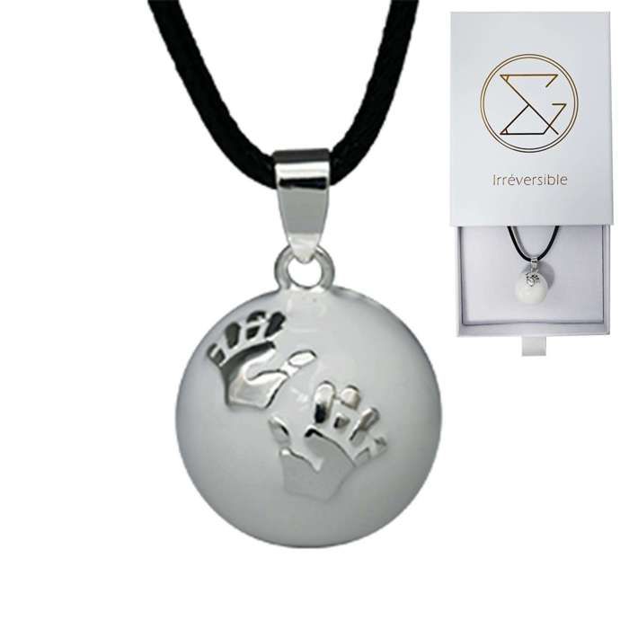 Bola de grossesse blanc lisse/motif argent  avec chaîne - ZOÉ (Mains) - plaquée argent véritable - coffret cadeau femme enceinte