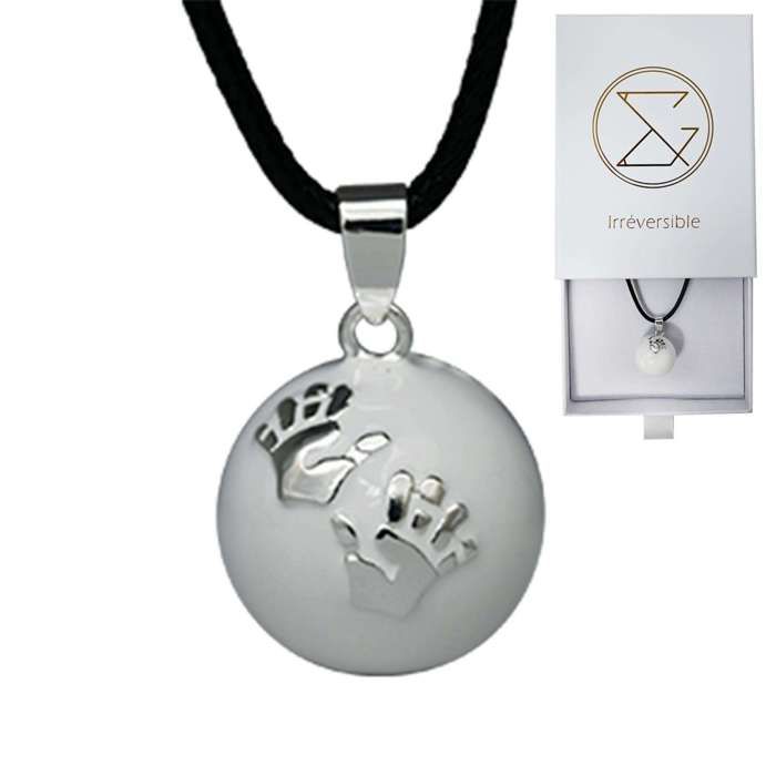 Bola de grossesse blanc lisse/motif argent avec chaîne - ZOÉ (Mains) - plaquée argent véritable - coffret cadeau femme enceinte