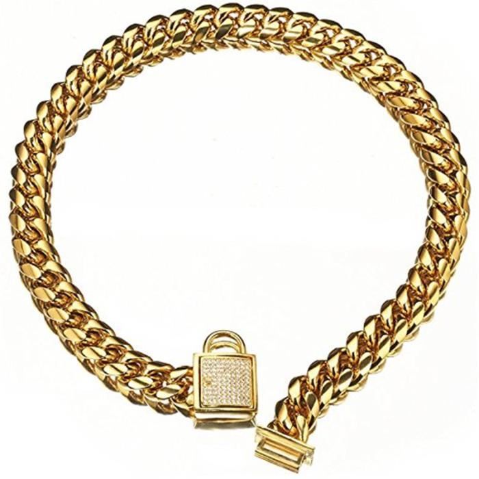 FML collier de chien en acier inoxydable - Bracelet plaqué or, chaîne cubaine pour chien, for - Modèle: gold 30 inch - FYCWXQB03909