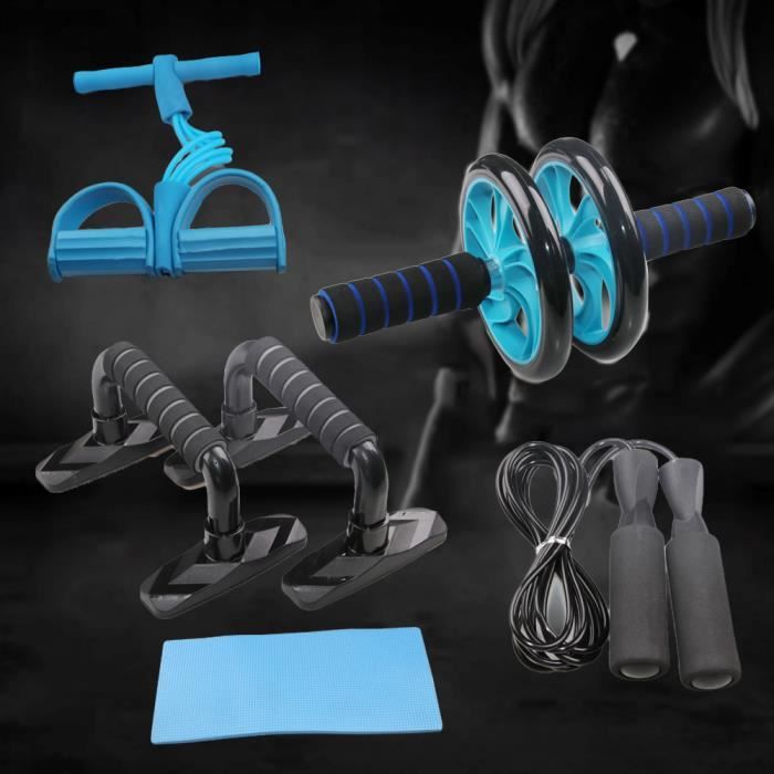 Three 5 en 1 Kit d'Appareils de Fitness Support push-up Roue musculaire à roue double - multifonctionnel (Bleu)