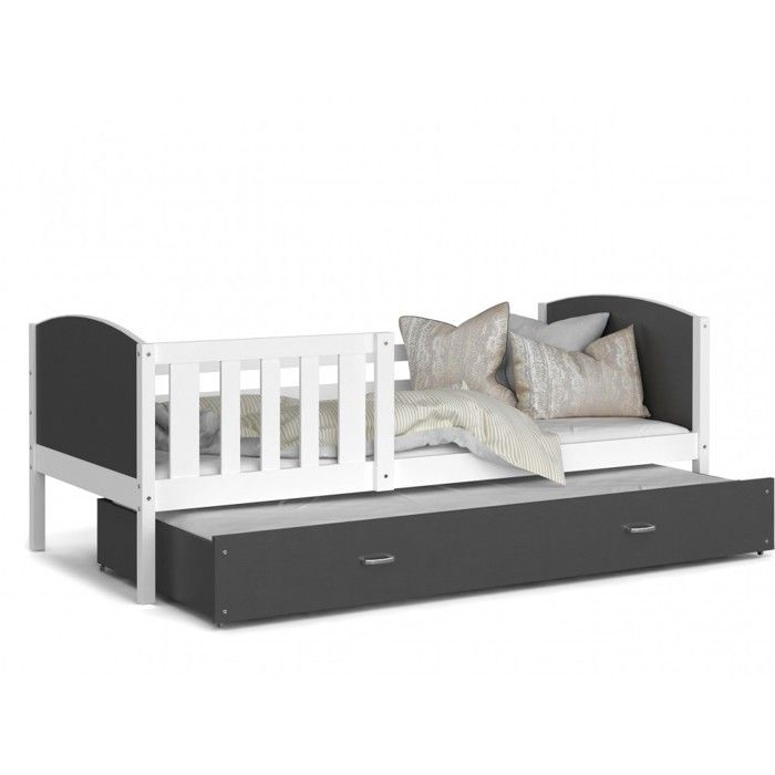 LIT Gigogne Tomy 90x190 blanc-gris livré avec sommier, tiroir et matelas de 7cm OFFERT. Blanc-gris