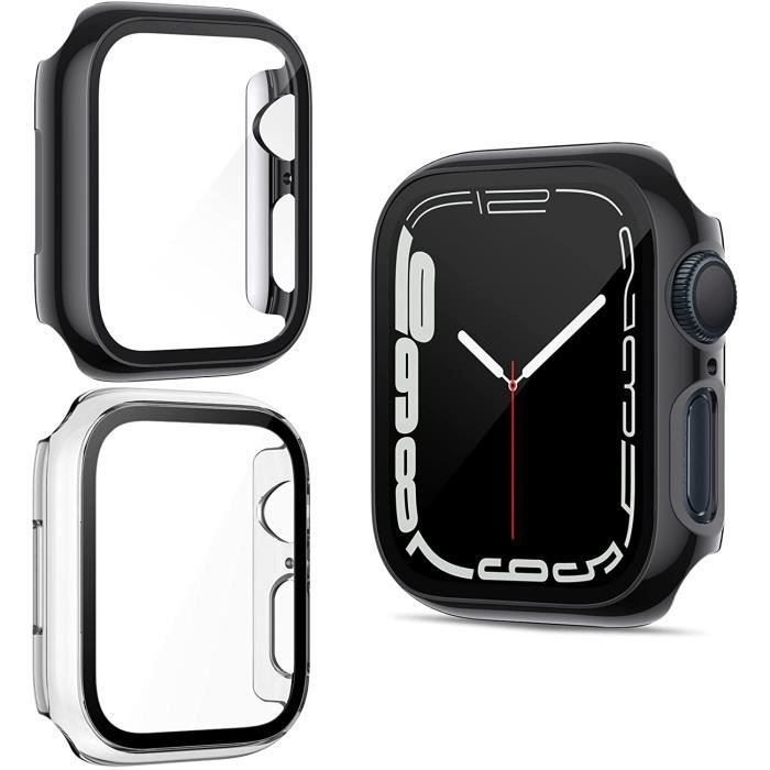 2PCS Coque Compatible avec Apple Watch Serie 7 45mm écran Verre Trempé HD Clair Ultra Mince Anti-Choc PC Blackview Noir+Transparent