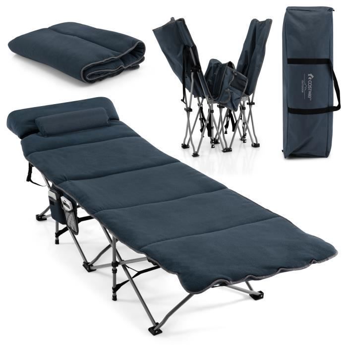 COSTWAY Lit de Camping Pliable 65 x 185 CM avec Matelas et Oreiller Amovibles, Lit d'Appoint pour Camping-Randonnée, Bleu