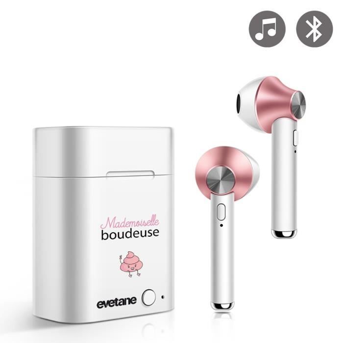 Ecouteurs Sans Fil Bluetooth Rose Gold rose gold Mademoiselle boudeuse Ecriture Tendance et Design Evetane.
