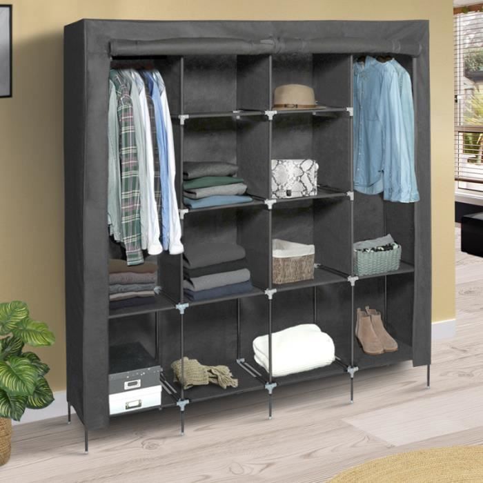 Grande armoire de rangement grise dressing DOUBLE penderie XXL tissu