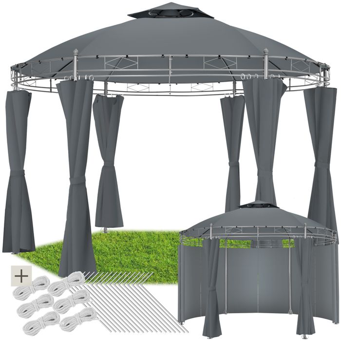TECTAKE Tonnelle de Jardin Ronde avec Panneaux Latéraux 4 Piliers en Métal 3,5 m x 2,8 m Gris