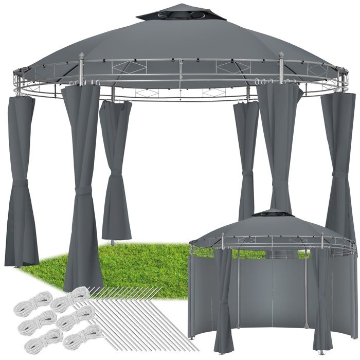 TECTAKE Tonnelle de Jardin Ronde avec Panneaux Latéraux 6 Piliers en Métal 3,5 m x 2,8 m Gris
