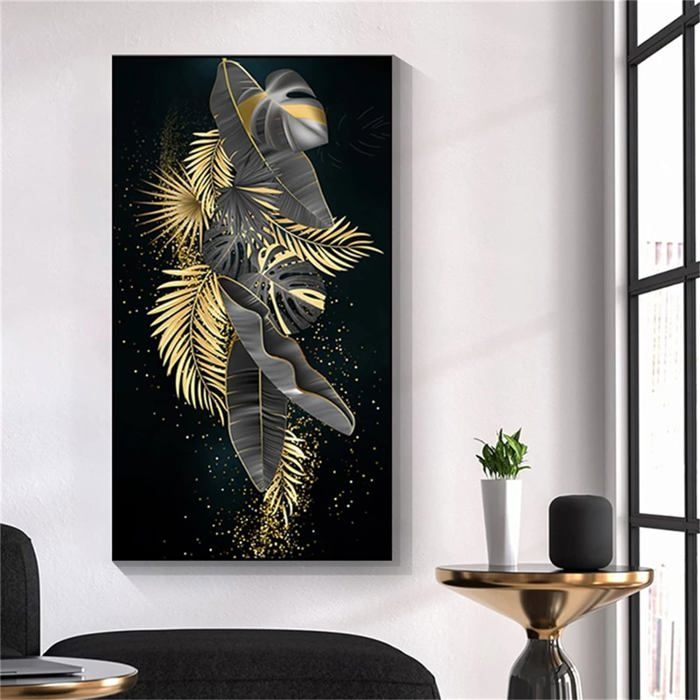 MEIYUDA Diamond Painting 5D Complet Feuilles D'Or Noir 40x30 Cm – Kit Peinture Diamant Adulte Enfant Strass Étincelants Décoration Murale