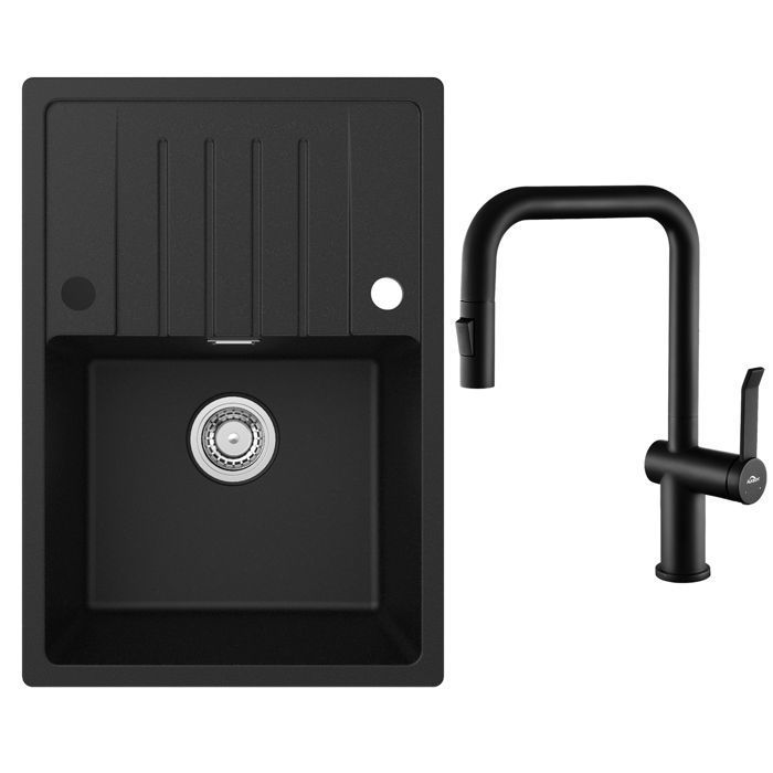 Évier De Cuisine En Granit - Noir/beige, Rond, Encastrable, 80% Granit, Livré Avec Siphon