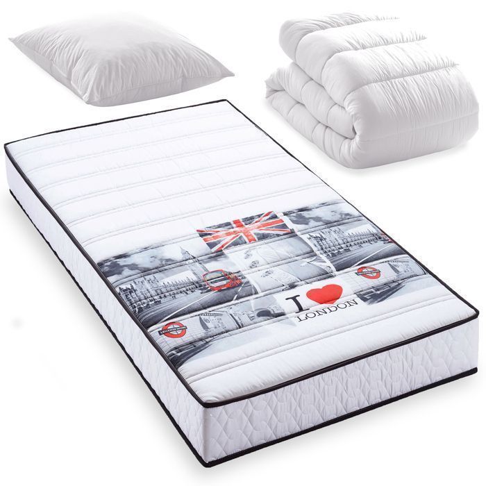 Pack Bridge Matelas 90x190 LONDON + couette + oreiller. 5 zones de confort. Épaisseur 15cm – Fabriqué en Belgique Pack Bridge Matelas 90x190 LONDON + couette + oreiller. 5 zones de confort. Épaisseur 15cm – Fabriqué en Belgique