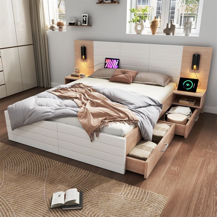 Lit 180x200 avec 2 Tiroirs et Table de Chevet Lit 2 Place avec Sommier et USB Tête de Lit LongueLampe de LectureBoisBlanc